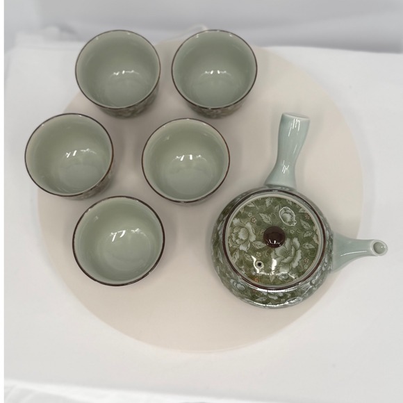 Arita Ware Japanese Tea Set Green Floral Teapot Cups Made in Japan Vintage 96-04